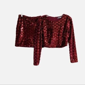 Crystal Doll Red Burgundy Sequins Crop Top/Skirt. Mini/Midi 2-piece set. Size 3